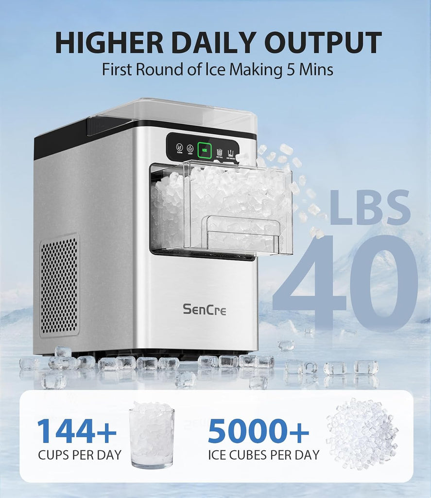 Nugget Ice Maker 40lbs/Day, Countertop Ice Maker Soft Chewable Ice, Ice Makers One-Click & Self-Cleaning, Crushed