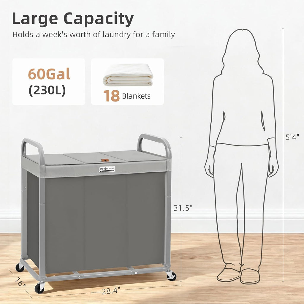 3 Section Laundry Sorter, 60 Gal. Laundry Hamper Cart with Heavy Duty Rolling Lockable Wheels and Removable Bags