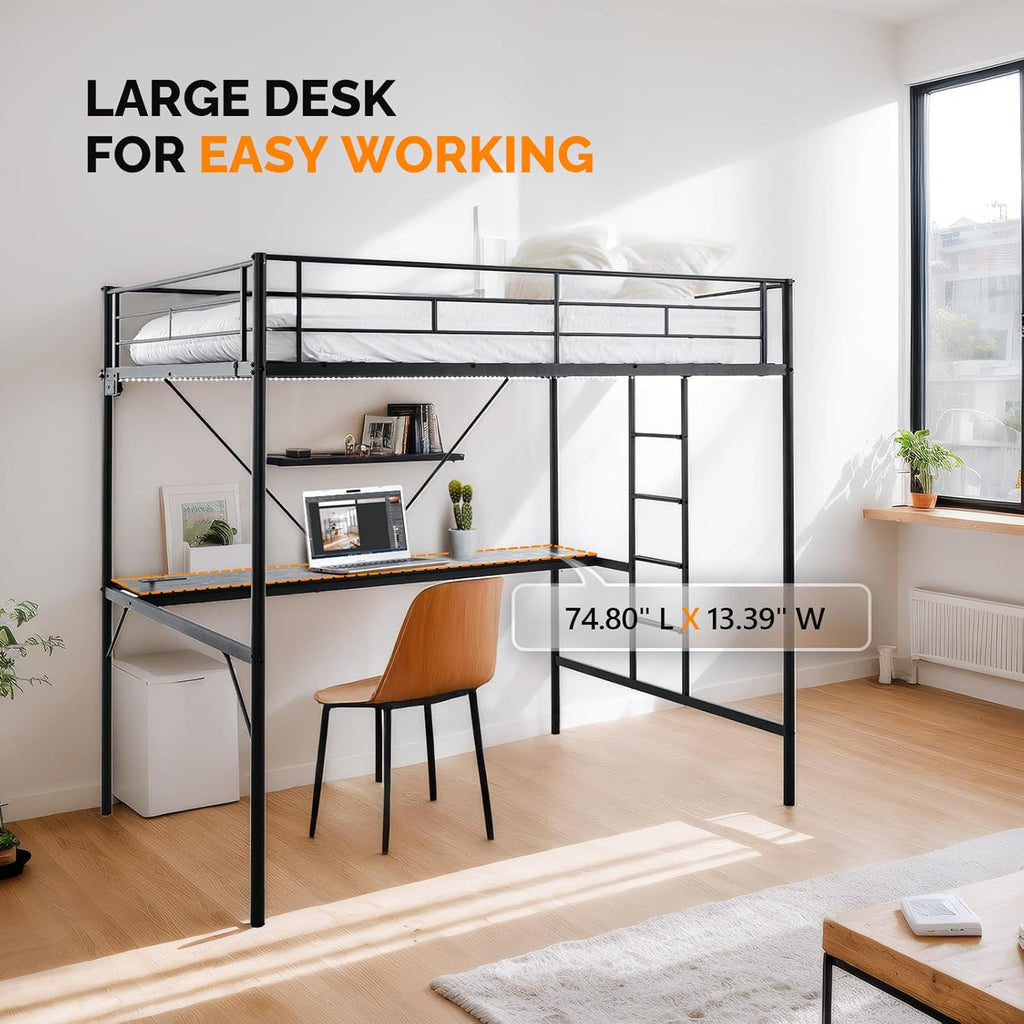 Full Metal Loft Bunk Bed Frame for Kids Teens Adults with Desk Underneath,2 Charging Station,LED Lights,Safety