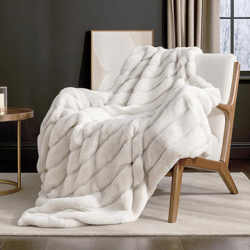 Deluxe Sheared Rabbit Faux Fur Throw Blanket, Soft Fuzzy High-Low Sculpted Plush Blanket, Cozy Home Accent, All