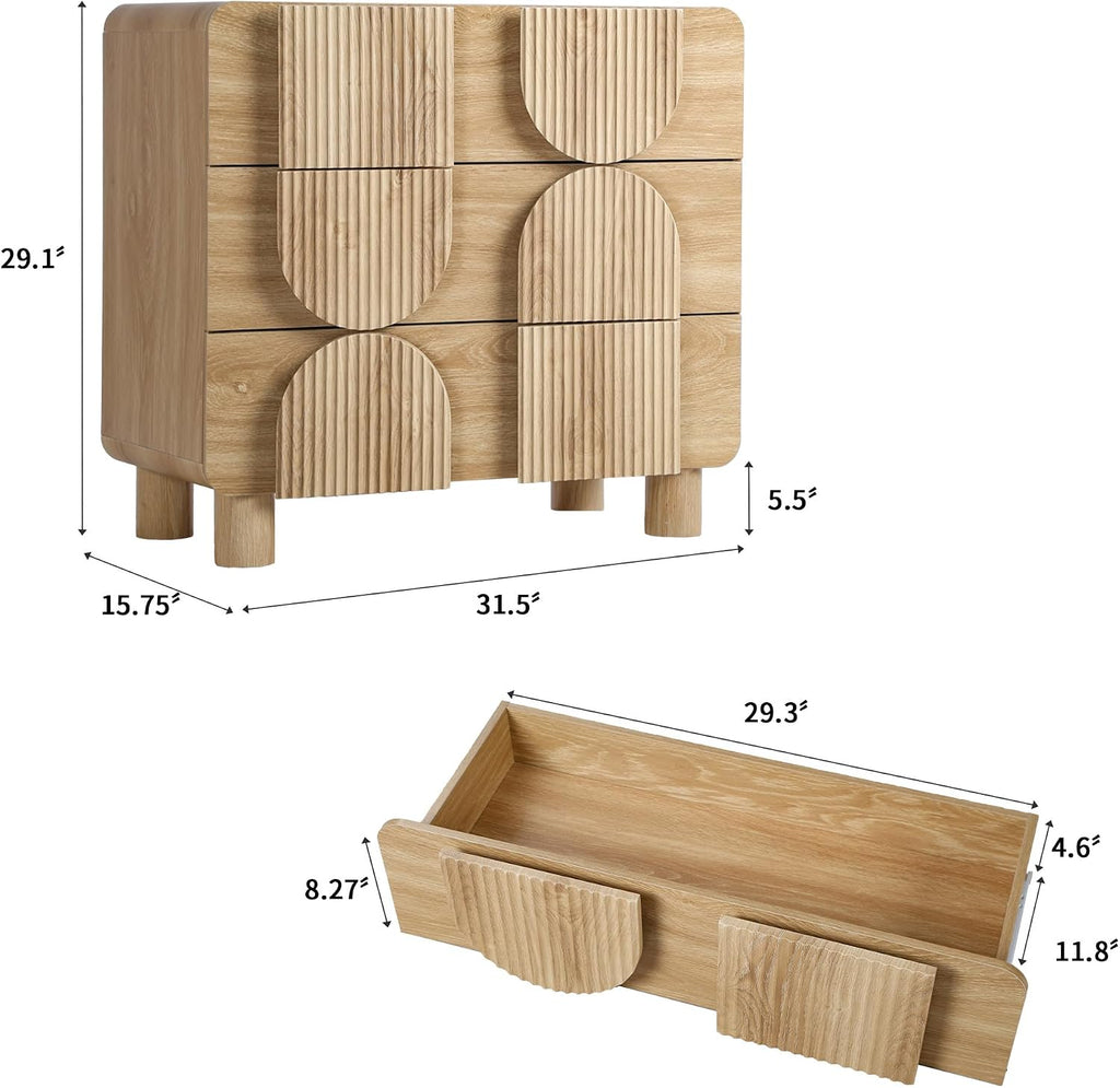 3 Drawer Dressers , 31.5" Wide Large Mid Century Modern Fluted Nightstand, Wood Dresser & Chest of Drawers with