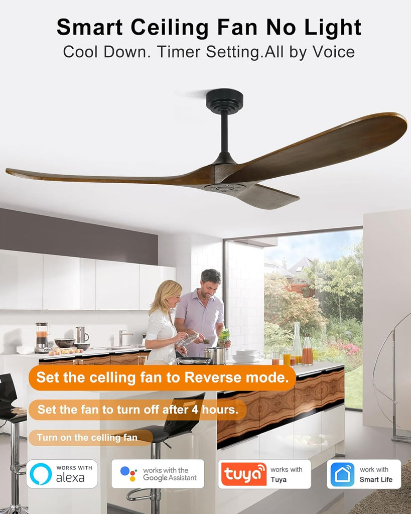 72" Ceiling Fans without Lights, Wood Large Ceiling Fan no Light with Remote Alexa Google App