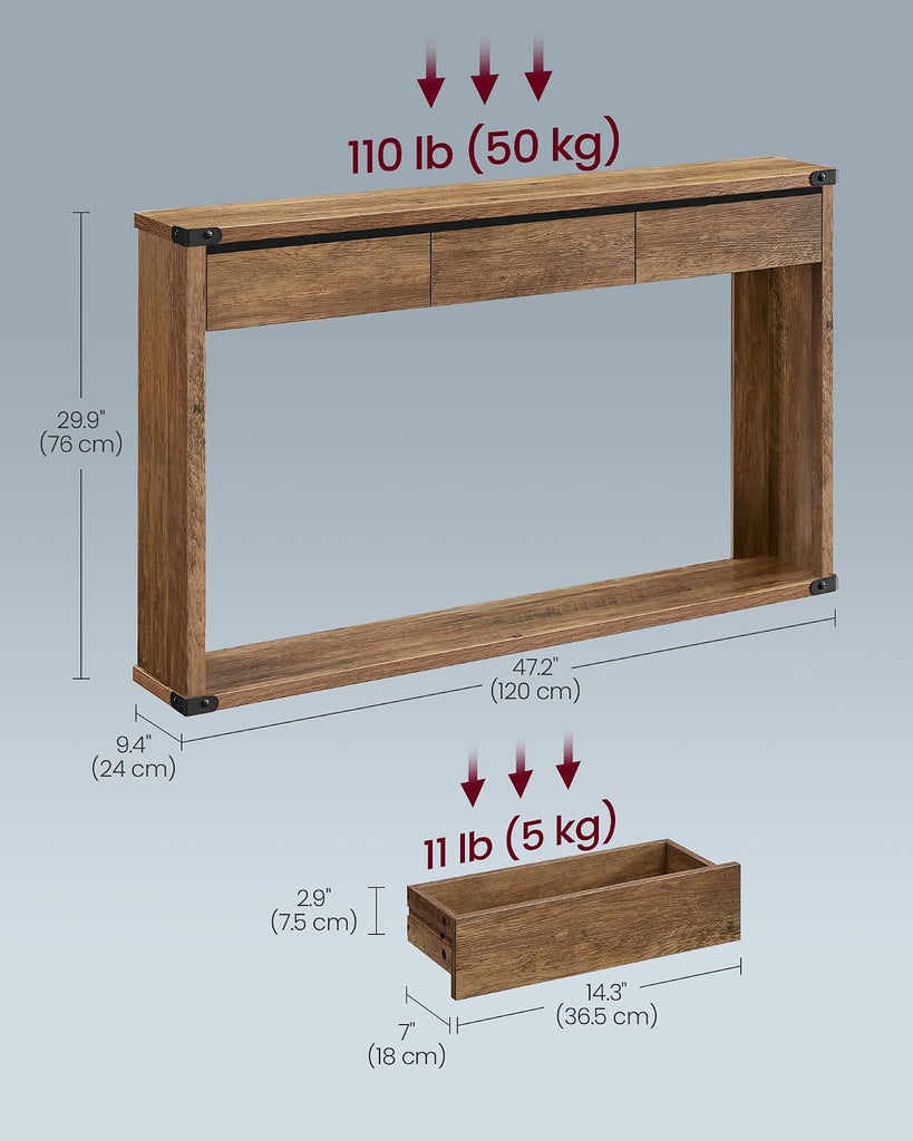 Sofa Console Table, 47.2 Inches Narrow Entryway Table with 3 Drawers, Bottom Shelf, Metal Corners