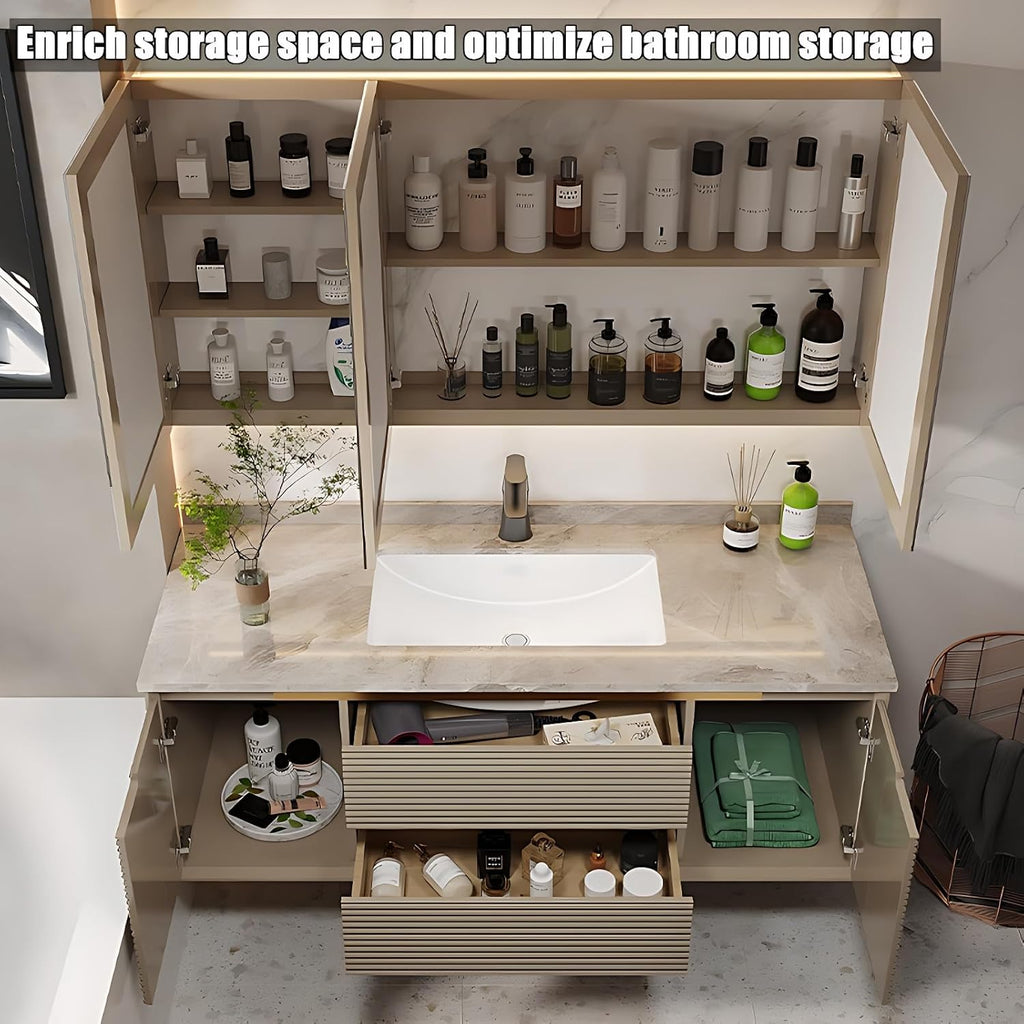 Bathroom Vanity with Sink- Modern Bathroom Vanity with Smart LED Defog Mirror Cabinet ? Multi Storage Space