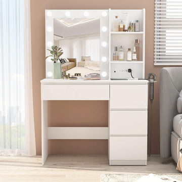 Makeup Vanity with Lights, 37inch Vanity Desk with Power Strip, 4 Drawers Makeup Table with Lighted Mirror, 3