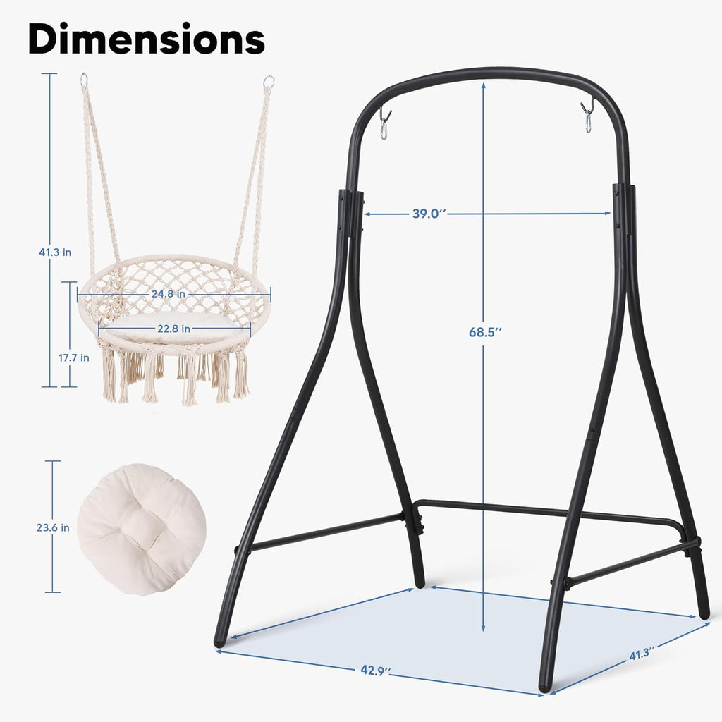 Indoor Hammock Swing Chair with Stand, Hanging Chair Outdoor with Stand, 400 lbs Capacity, Beige
