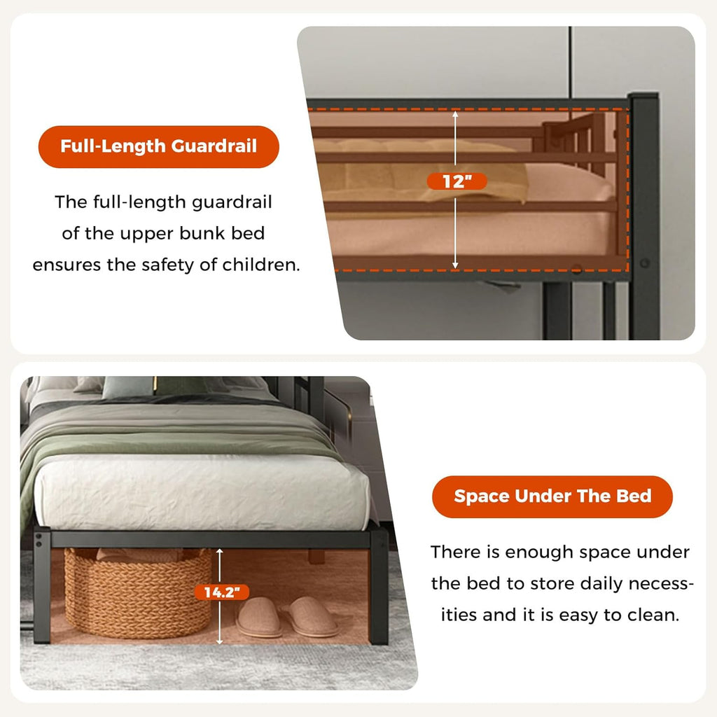 Heavy Duty Triple Bunk Bed for 3, Twin Over Twin Over Twins with Guardrails and Ladder, Metal Bunk Bed