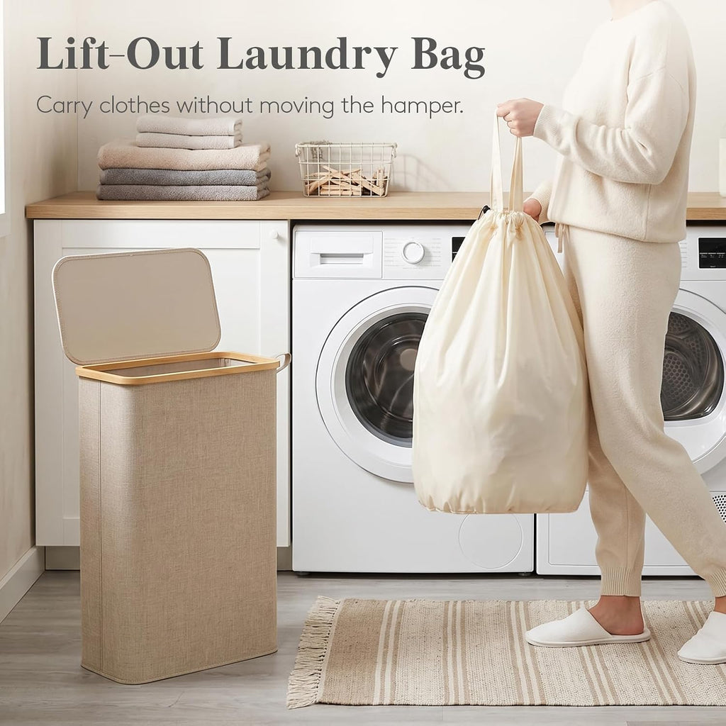 65L Slim Laundry Hamper with Lid, Narrow Laundry Basket with Removable Bag & Bamboo Handles, Fodable Thin Dirty