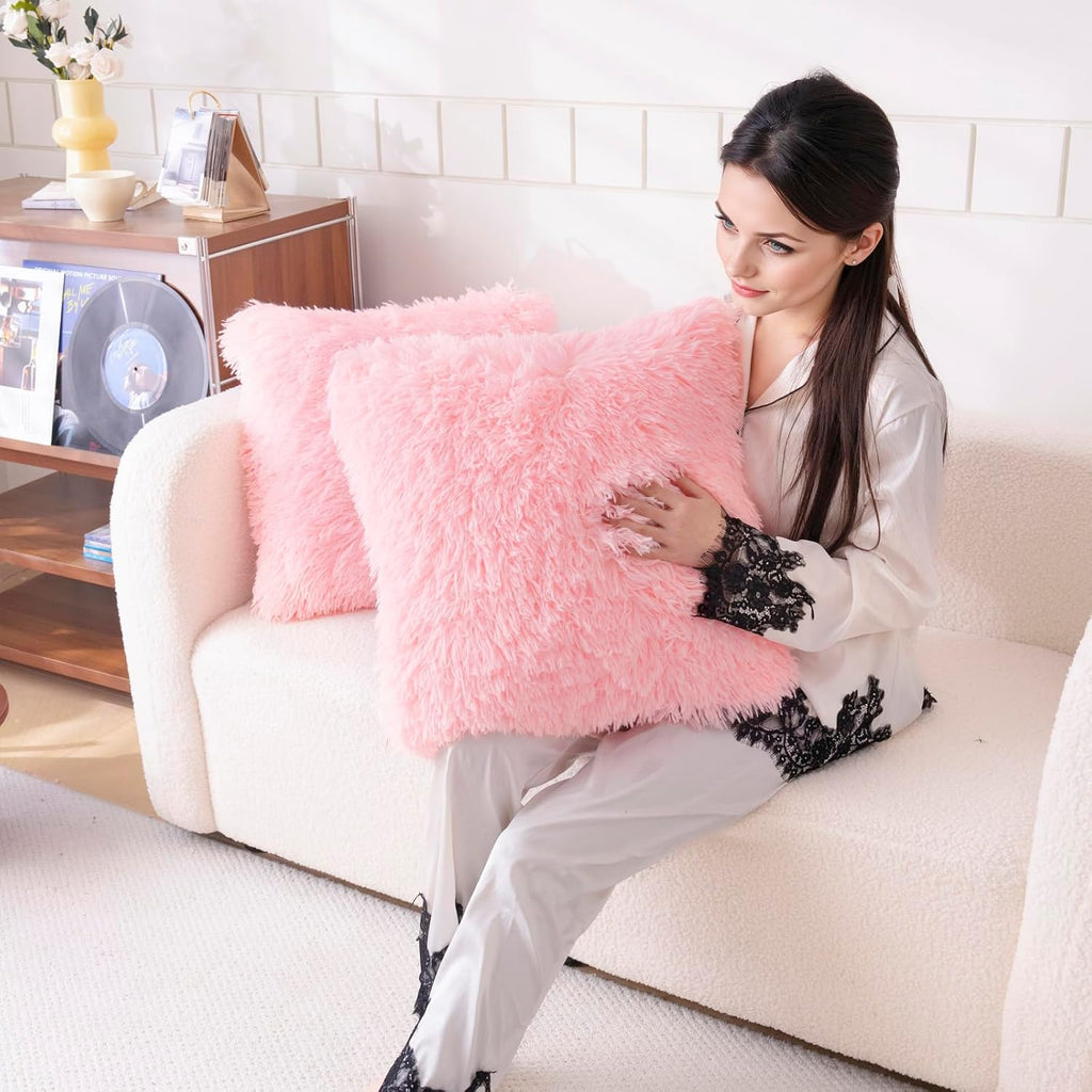 Faux Fur Pink Throw Pillow Covers, Fluffy Soft Fuzzy Decorative Pillow Cases Cute Pillowcases, Zipper Closure, Set of