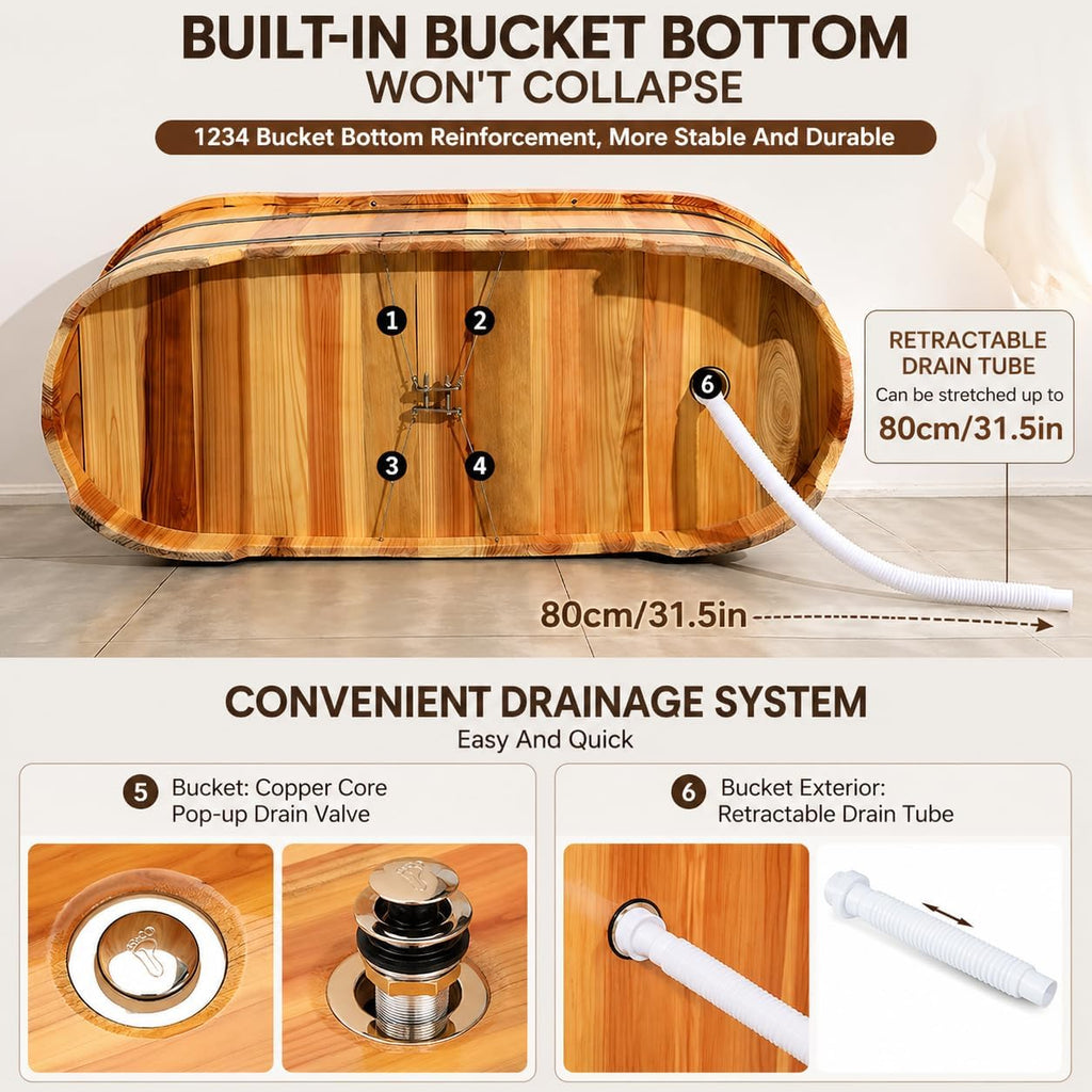 Cedar Wood Soaking Tub for Adults, Freestanding Wooden Bathtub with Lid & Steamer, Deep Japanese Style Bath Tub with