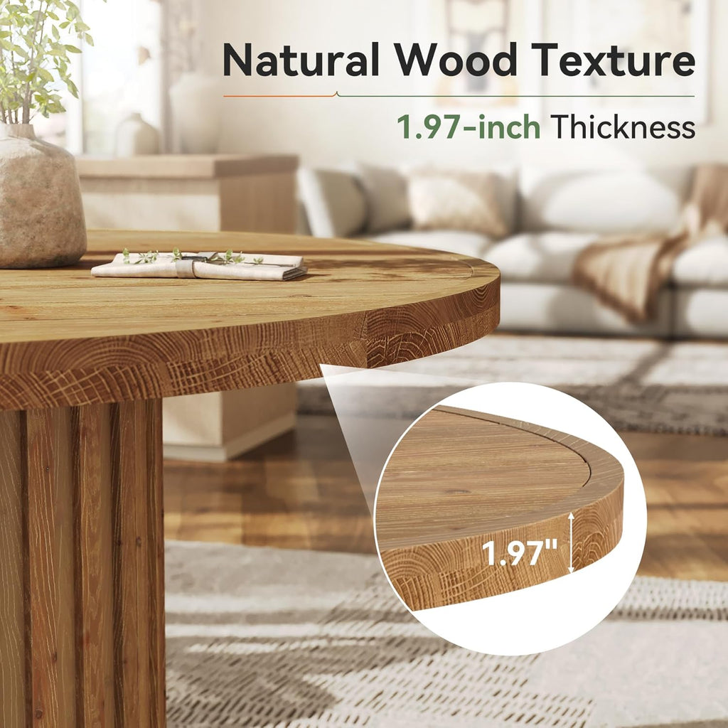 47" Solid Wood Dining Table for 4-6, Farmhouse Round Kitchen Table with Striped Pedestal Base, Circle Wooden Dining