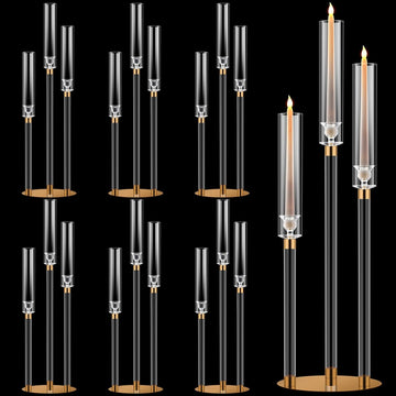 6 Pack Acrylic Candelabra Centerpieces 30.5'' Tall Clear Candle Holder Gold 3 Arm Crystal Candle Holder Candlesticks