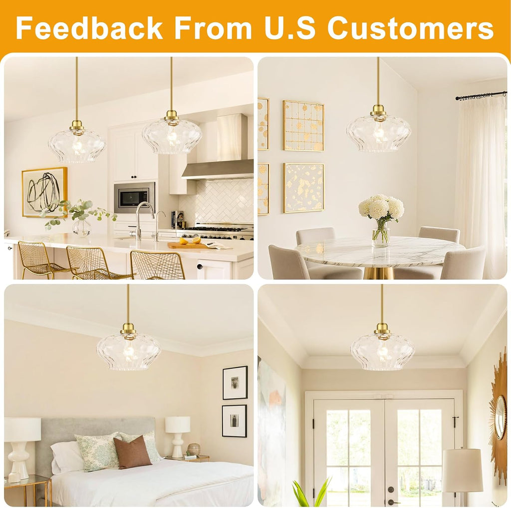 Pendant Lights Kitchen Island, Brushed Gold Pendant Light Fixtures with 11" Clear Hammered Glass Shade, Modern