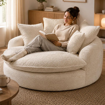 Oversized Round Lounge Chair Indoor, 56" Deep Seat Circle Sofa with Double Armrests & Pillows, Fluffy Cloud Chenille