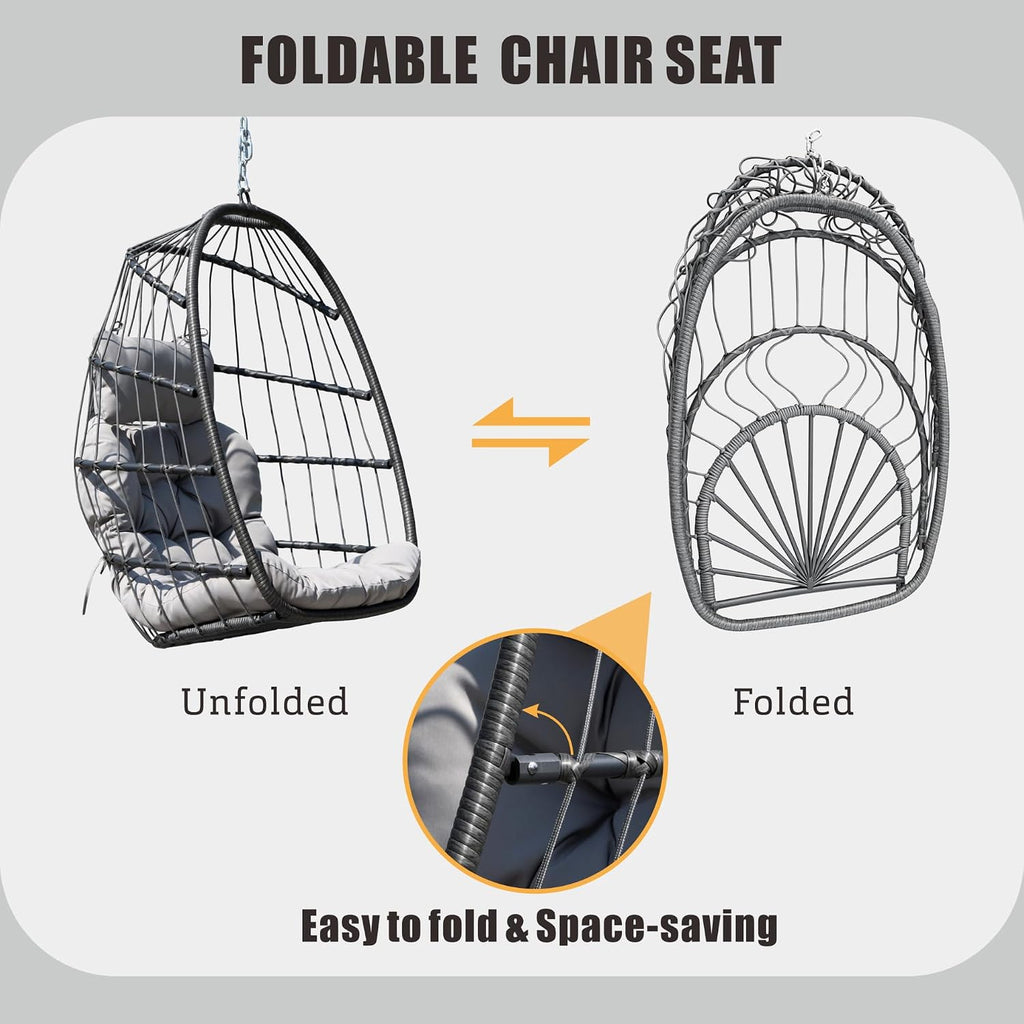 Hanging Egg Chair with Stand, Patio Wicker Egg Swing Chair with Cushion Garden Indoor Outdoor (Grey) | Patio Wicker