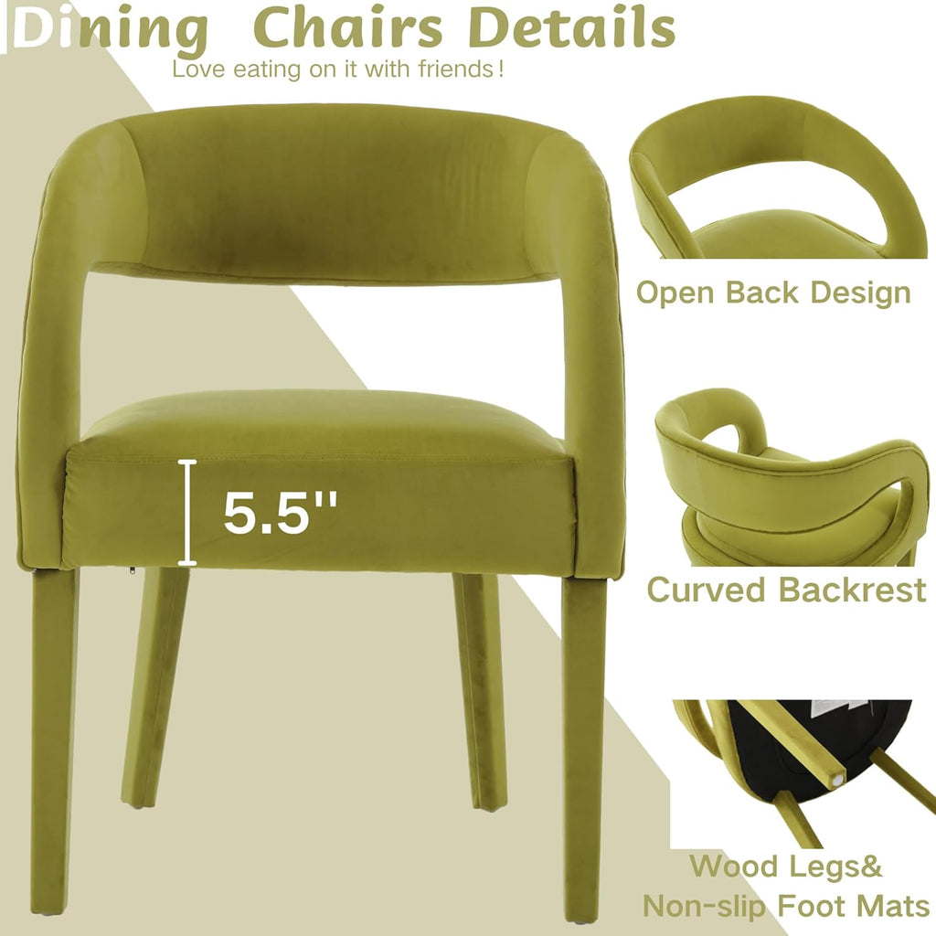 Modern Barrel Dining Chairs Set of 2, Green Velvet Upholstered Dining Room Chairs Open Back Kitchen Chairs Accent Side