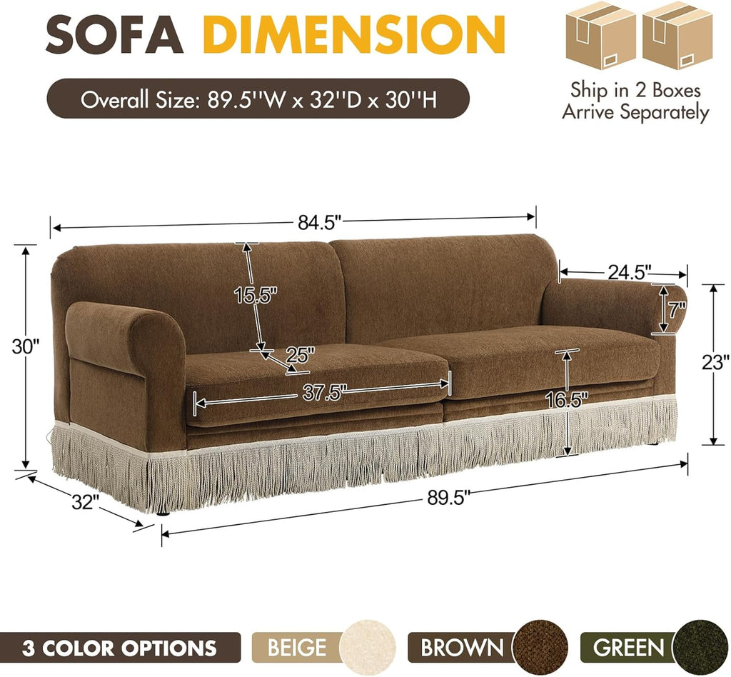 86" Chenille Sofa Couch - Mid-Century Modern 3-Seater Deep Seat Sofa with Vintage Tassel Design Pet-Friendly Soft