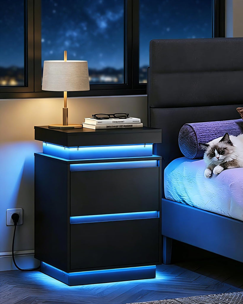 Black LED Nightstand with Charging Station, 26 Inches Night Stand with Sliding Top, 2 Drawers, 29 Colors and