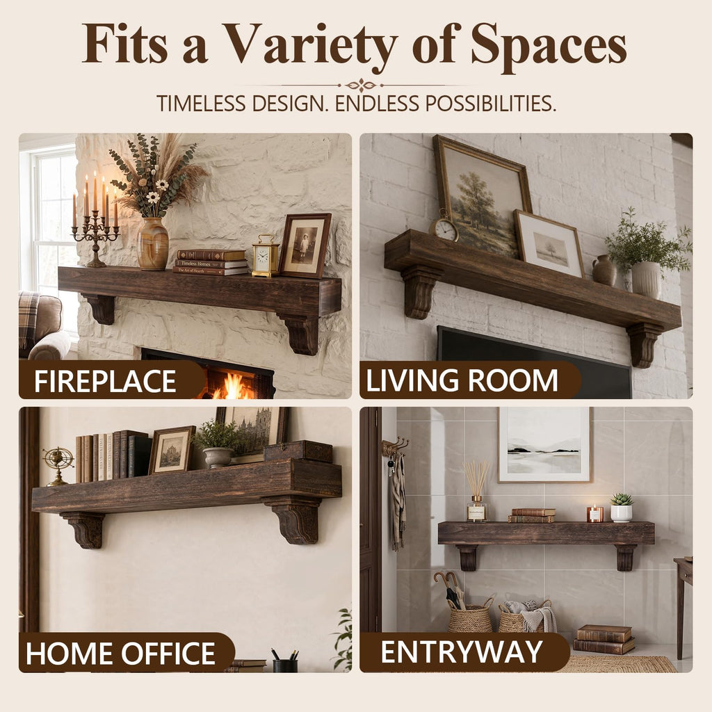 60 Inch Fireplace Mantel Shelf with Corbels Solid Wood Rustic Walnut Finish