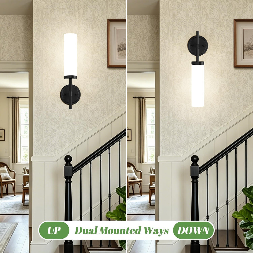 Hardwired] Wall Sconces Set of Two, Matte Black Bathroom Sconces with Milky White Glass, Modern Wall Light Fixtures