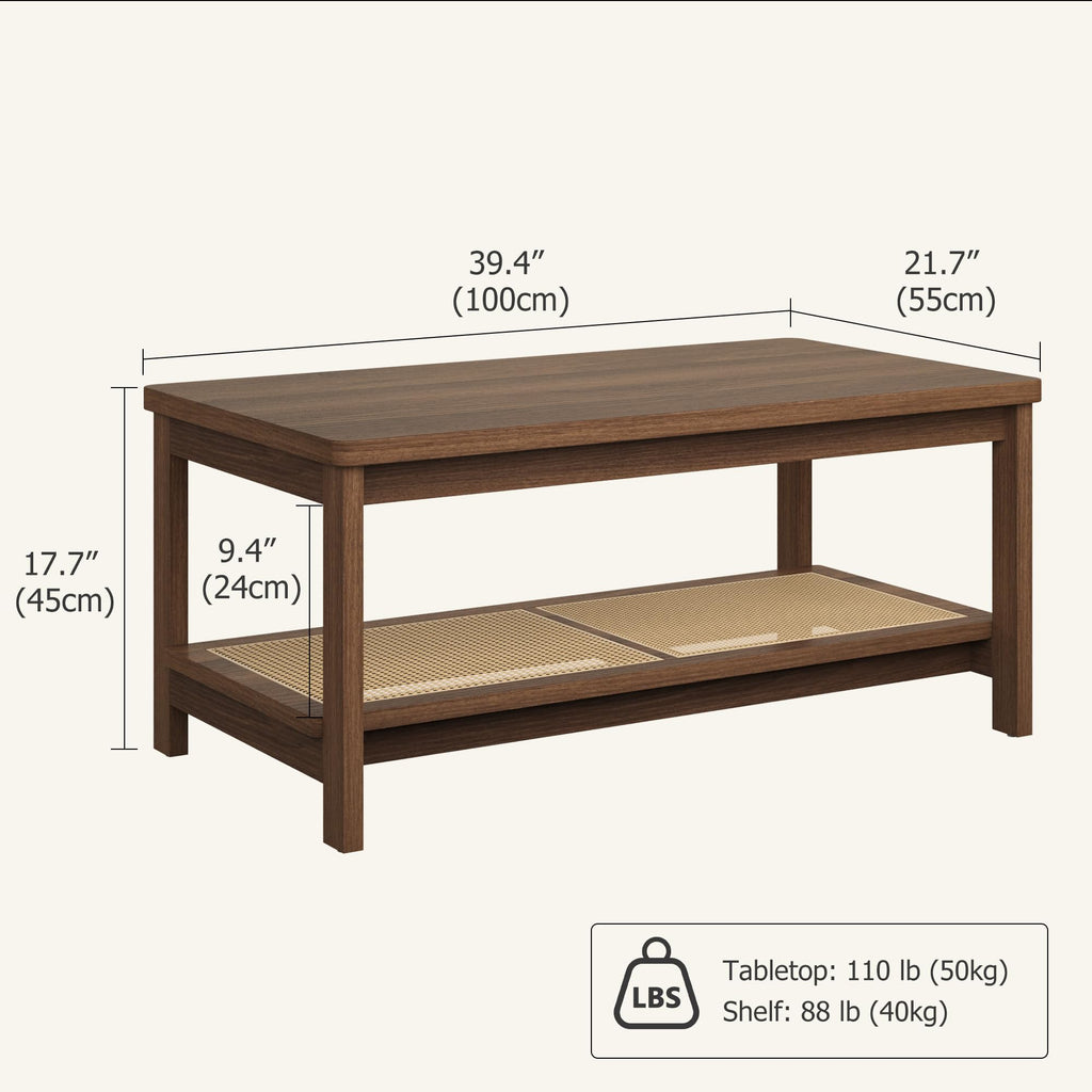 2-Tier Coffee Table with Rattan Storage Shelf, Walnut Brown