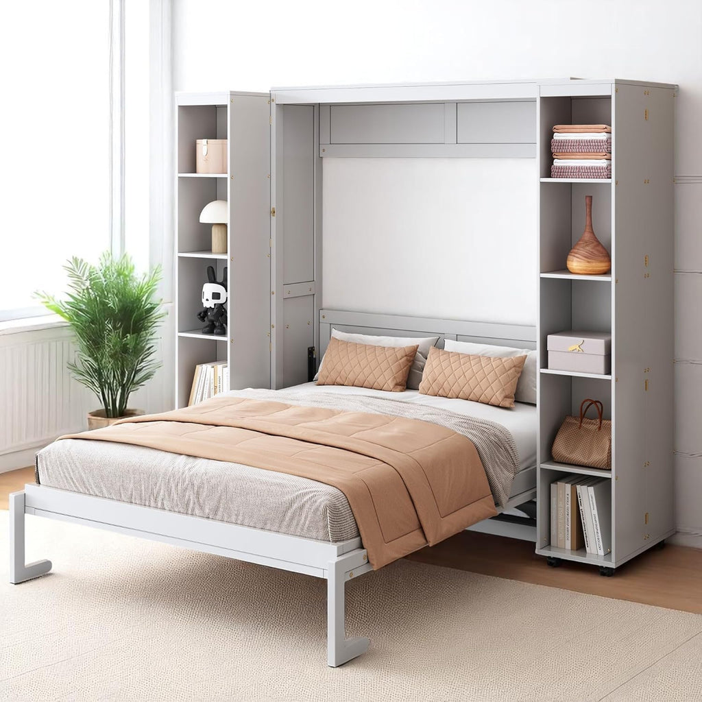 Queen Murphy Bed Cabinet with Storage Bookshelf Bookcase, Wood Hidden Foldable White Murphy Wall Bed with Storage