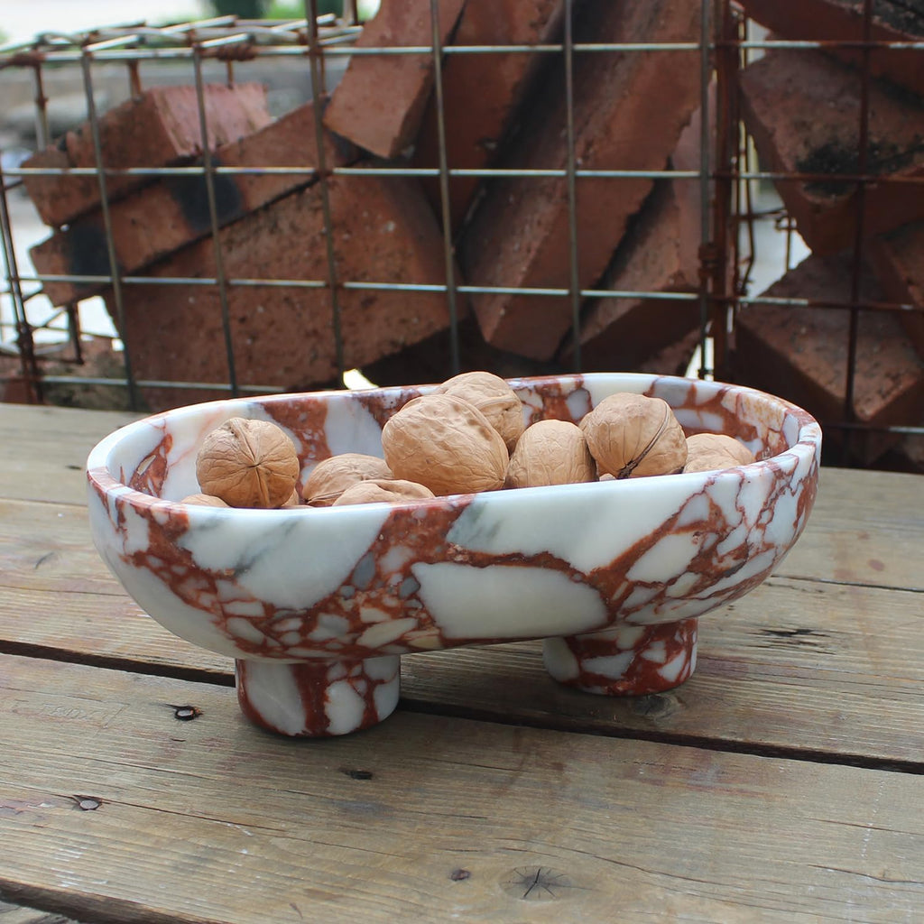 Natural Oval Calacatta Red Marble Fruit Bowl Counter 10", Large Decorative Bowl Two-Legs Decor, Fruits Holder For