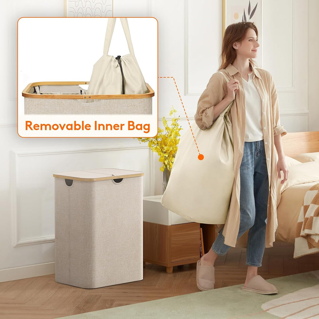 150L Laundry Basket with Lid, Clothes Hampers for Laundry with Bamboo Handles and 2 Removable Bag, Large Foldable