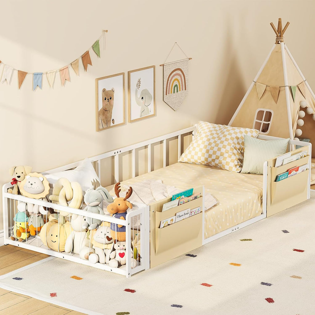 Montessori Twin Floor Bed with Stuffed Animal Storage and Caddy | Boys and Girls,Rail Fence,Metal Frame,No Box Spring
