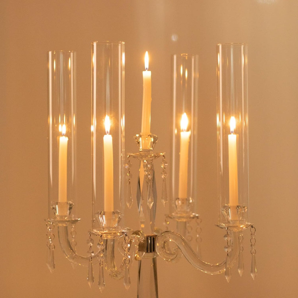 Crystal 4-Arm Candelabra Taper Candle Holder with Hurricane Glass Shades - Table Centerpiece with Pedestal Base &
