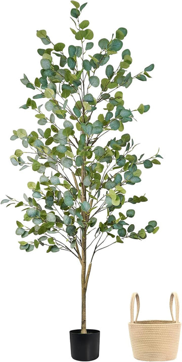 Faux Eucalyptus Tree 6FT, Artificial Potted Tree for Indoor Outdoor, Fake Floor Plants with Natural Wood Trunk, Home