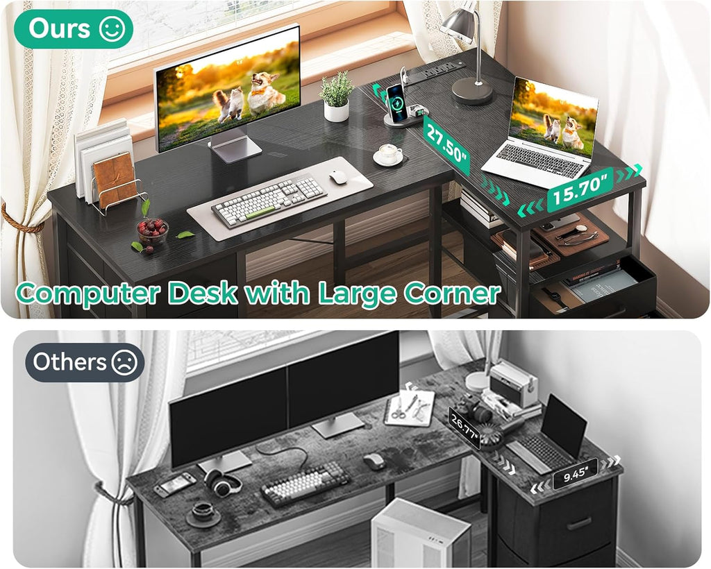 L Shaped Computer Desk with 6 Drawers & Power Outlet, 55 Inch Corner Desk with Reversible Storage Shelf & File Drawer