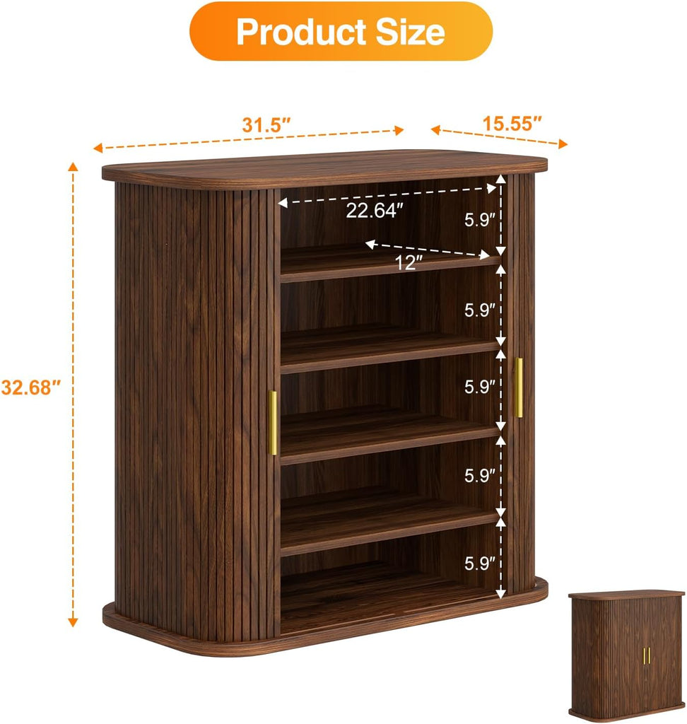 5-Tier Sliding Door Shoe Cabinet, Adjustable Shelves Wooden Shoe Storage with Gold Handle, Mid-Century Modern