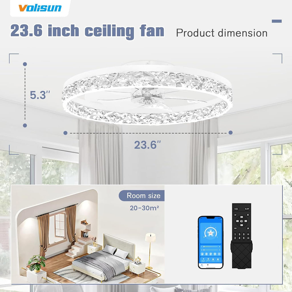 Fandelier Ceiling Fans with Light, 23.6in Low Profile Ceiling Fan with Light and Remote