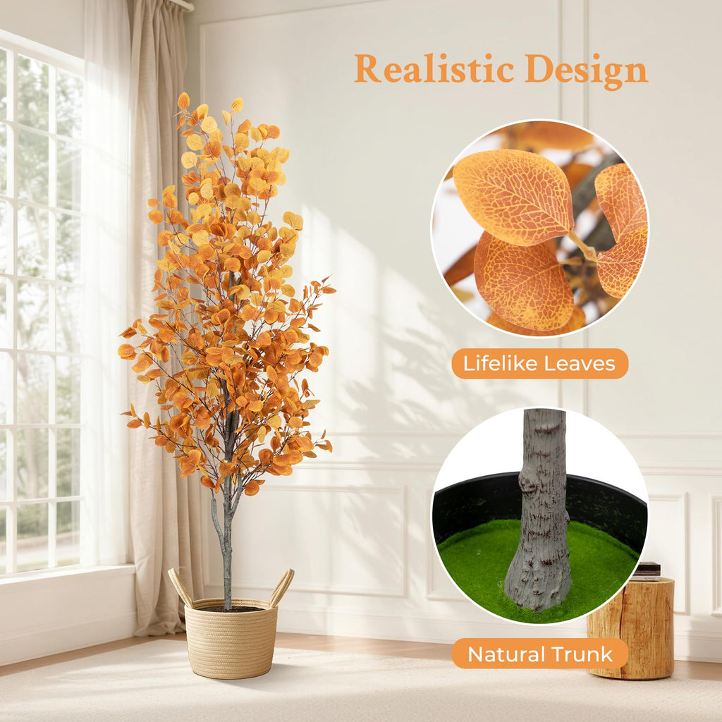 6FT Fall Artificial Eucalyptus Tree with Wicker Basket, Orange Potted Faux Eucalyptus Trees, Autumn Fake Eucalyptus
