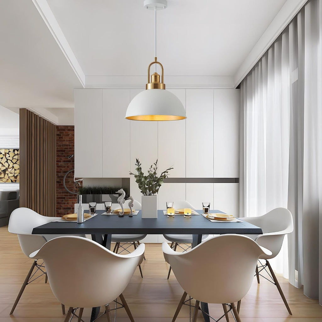 Farmhouse 11.81" White Pendant Light with Gold Finish, Industrial Metal Hanging Lighting Fixtures, Adjustable Height