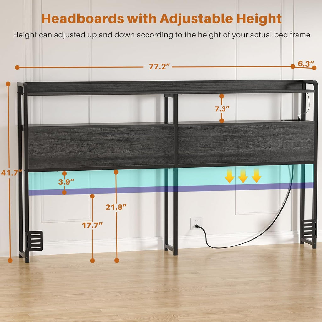 Headboard for King Bed Frame, Headboards with Outlets, USB Ports and LED Light, Head Board with Storage