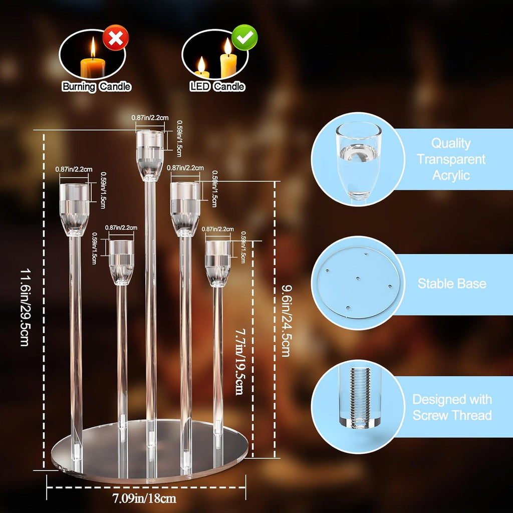 Candelabra Centerpieces for Tables 5 Arm Clear Candle Holder Fit 0.87" LED Pillar Taper Candlestick with Round