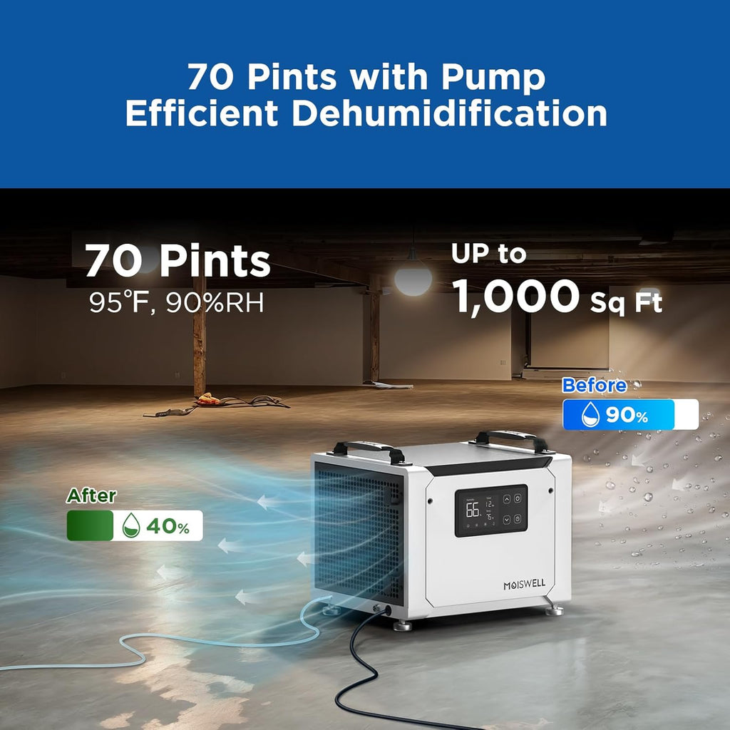 70 Pints Commercial Dehumidifier with Pump, Portable Crawl Space Dehumidifiers for Basement and Home