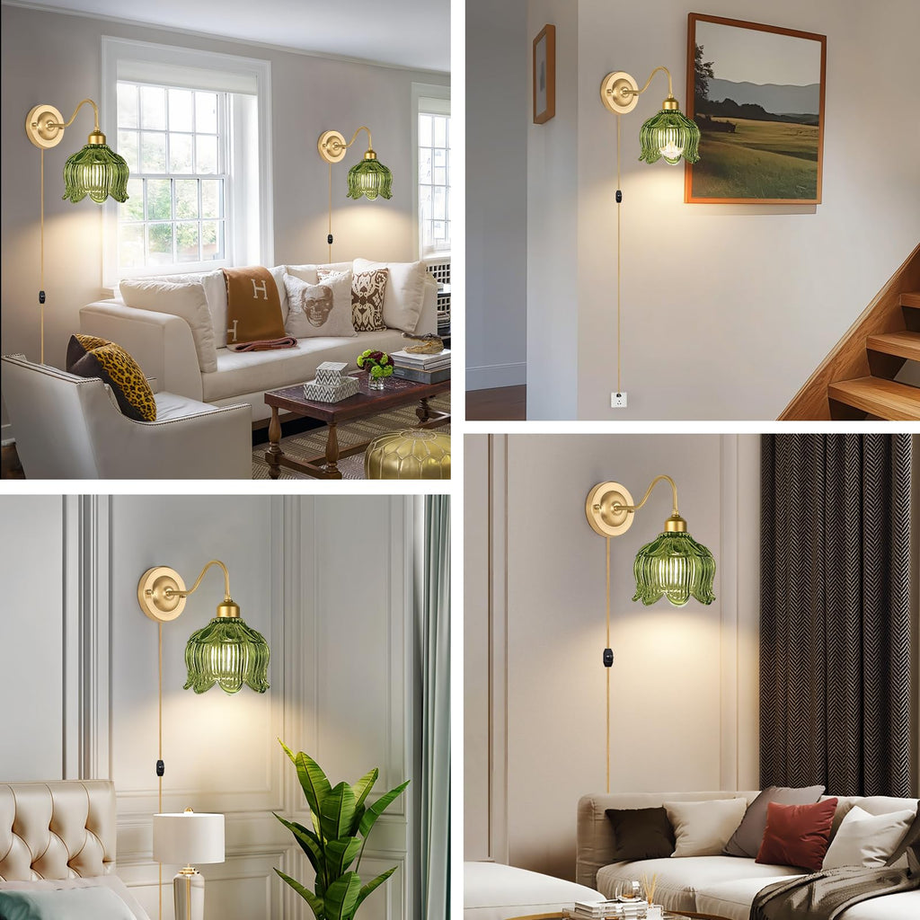 Vintage Plug in Wall Sconces Set of Two,Dimmable Wall Sconces Lights with Plug in Cord & Glass Lampshade,Gold Flower