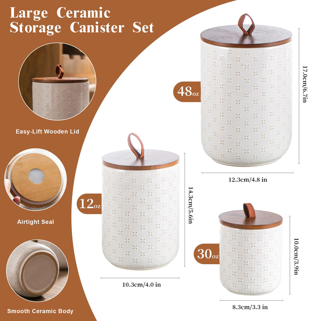Embossed Ceramic Canister Set with Airtight Bamboo Lid