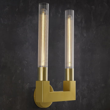 Inspired Cannele Style Modern Brass Wall Sconce,19 Inch Gold Double Bathroom Wall Sconces with Clear Glass Tube,Indoor 2-Light Vanity Mirror Wall Lights,for Bathroom,Living Room,Bedroom,Hallway,Entryway,Fireplace,Staircase