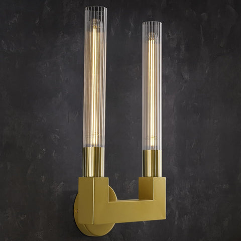 Modern Brass Wall Sconce,19 Inch Gold Double Bathroom Wall Sconces with Clear Glass Tube,Indoor 2-Light Vanity Mirror Wall Lights,for Bathroom,Living Room,Bedroom,Hallway,Entryway,Fireplace,Staircase A114-B0DMRPKP9N