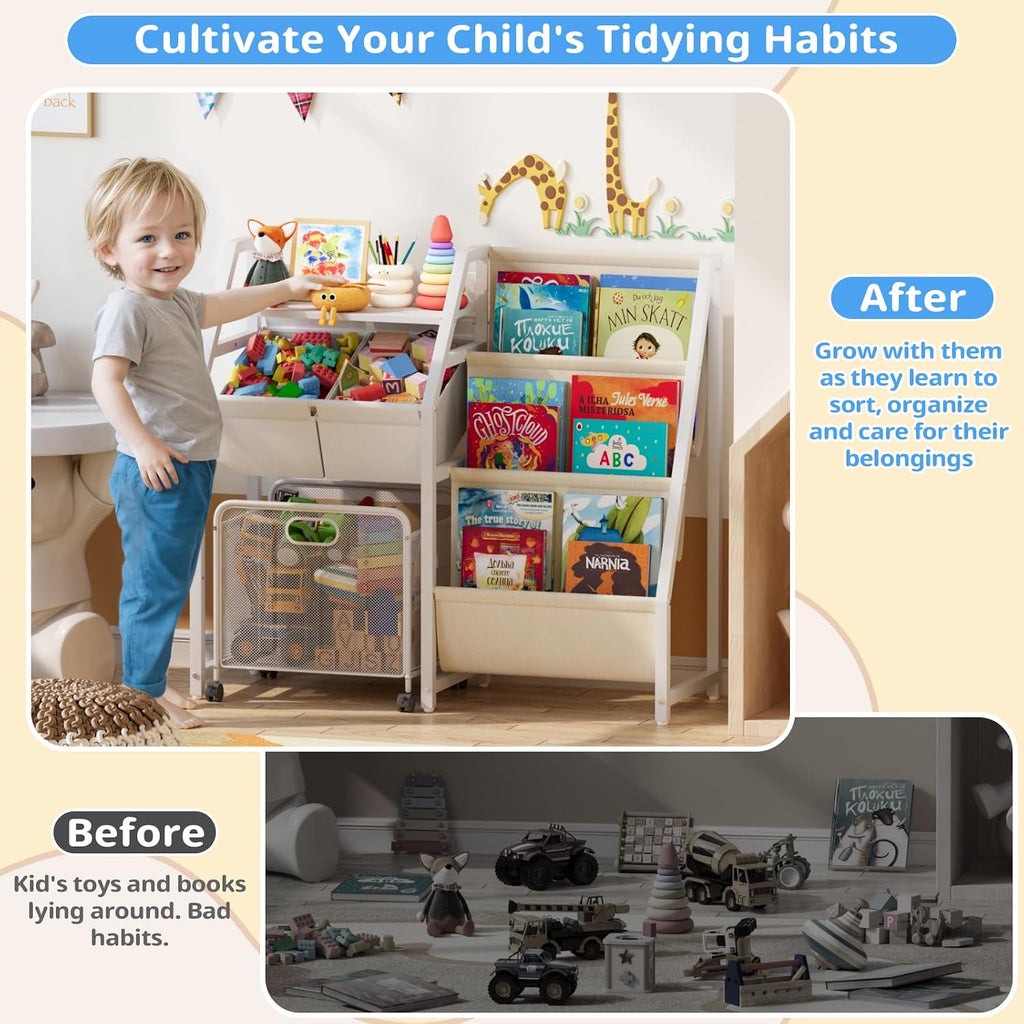 Kids Bookshelf Toy Storage Organizer & 2 Bins,3 Tier White | Kids Bookcase Equipped With Movable Drawer And 2 Toy