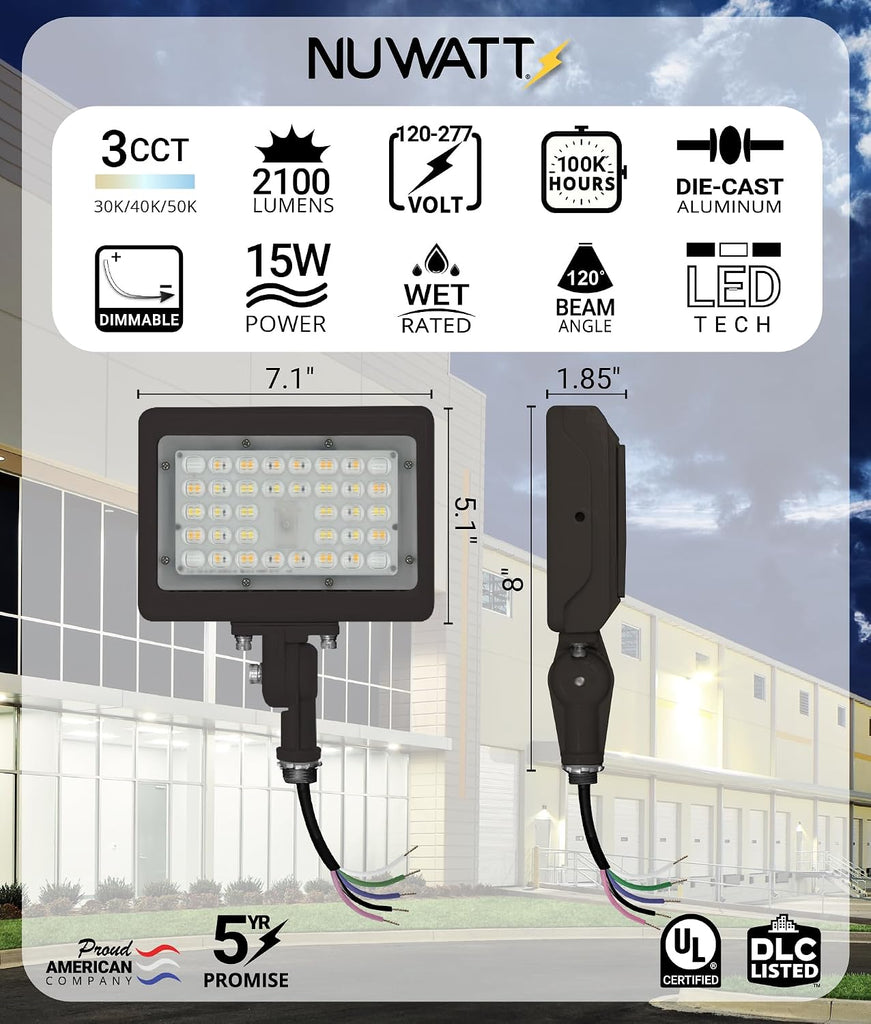 15W LED Flood Light, 3CCT 3000K/4000K/5000K Selectable, IP65 Waterproof Lighting, 1/2" Adjustable Knuckle Mount, 2100