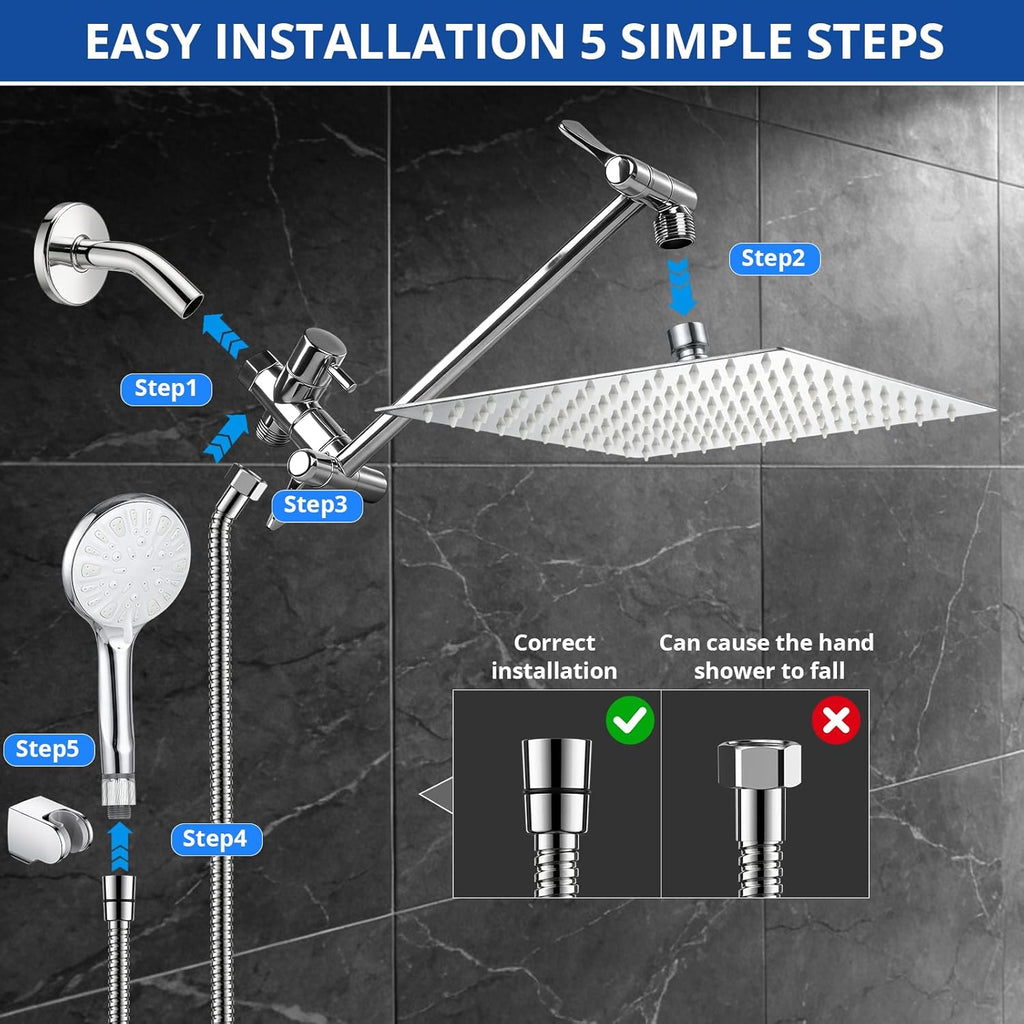 Shower Head, 8 Inch High Pressure Rainfall Shower Head/Handheld Shower Combo with 11 Inch Extension Arm