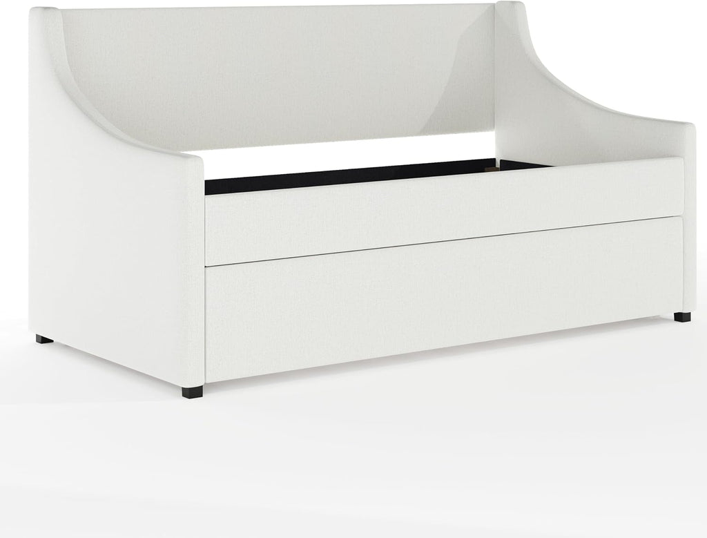 Simone Twin Upholstered Daybed with Trundle, Off-White | Pull-Out Trundle, Cushioned Headboard and Footboard, No Box
