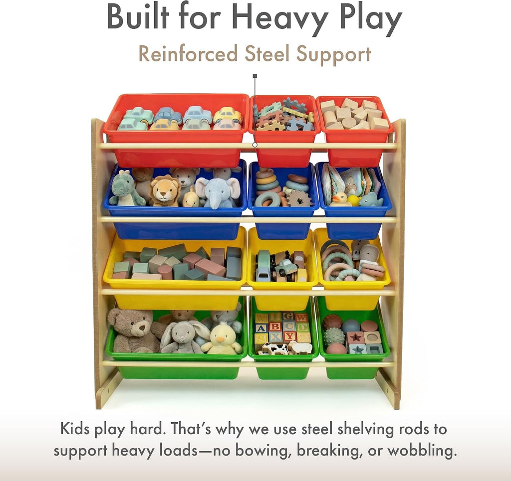 Kids' Toy Storage Organizer with 12 Plastic Bins, Natural/Primary, Model Number: WO560