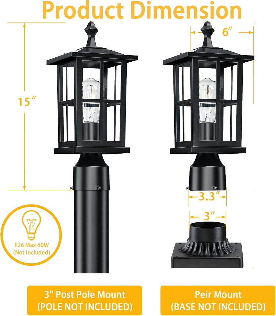 Outdoor Post Lights 2-Pack, Anti-Rust Waterproof Black Pillar Light Fixtures