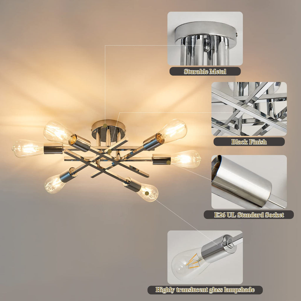 6-Lights Semi Flush Mount Ceiling Light Fixture Modern Chrome Matte Sputnik Chandelier Farmhouse Ceiling Lighting